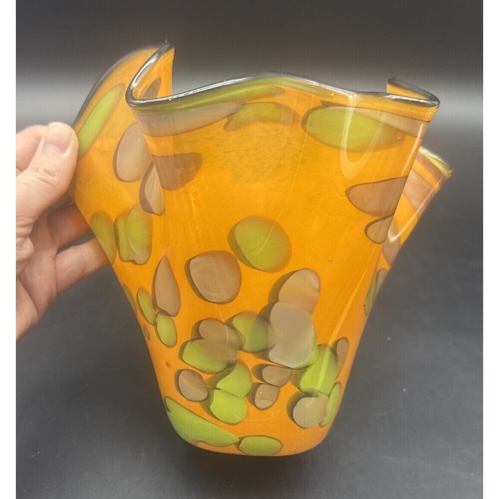 Jariufatoy Glass By Youghiogheny Art Glass ORANGE GREEN GRAY Handkerchief Vase - Picture 10 of 10